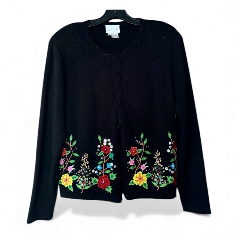Just B Floral Beaded Black Cardigan Size Small